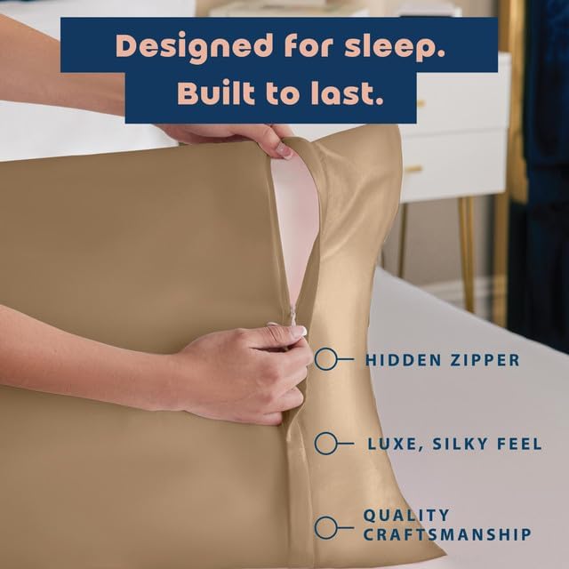 BLISSFORD Satin Pillowcase with Zipper, for Hair and Skin Care, Feels Soft and Cool Like a Silk Pillowcase, Beige Satin Pillow Cases 2 Pack, Slik Pillow Cover, Queen Size, Set of 2