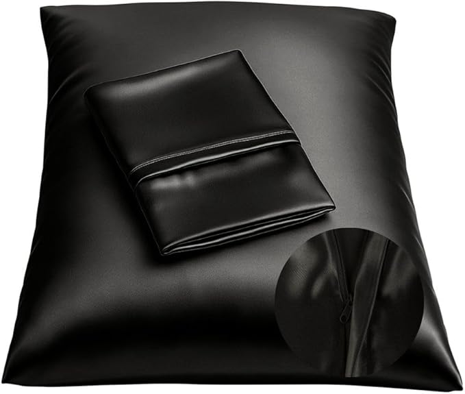 BLISSFORD Black Satin Pillowcase with Zipper for Hair and Skin Care, Feels Soft and Cool Like a Silk Pillowcase, Satin Pillow Cases 2 Pack, Slik Pillow Cover, Queen Size - 20x30
