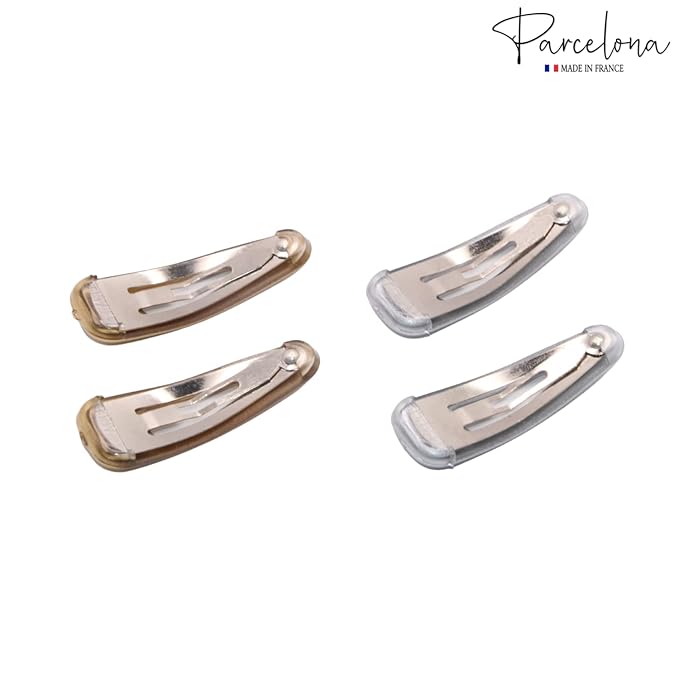 Parcelona French Mini Set of 4 Small Celluloid Acetate Snap Hair Clips No Slip Fashion Durable Styling Women Hair Accessories Girls Snap Hair Barrette, Made in France (Golden-Silver)