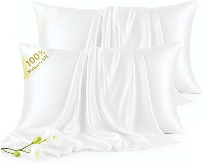 Set of 2 100% Mulberry Silk Pillow Cases - 6A Luxury Silk Pillowcase for Hair and Skin – Anti-Wrinkle, Cooling & Smooth, Hidden Zipper – 2 Pack White Silk Pillow Cases (White, Standard)