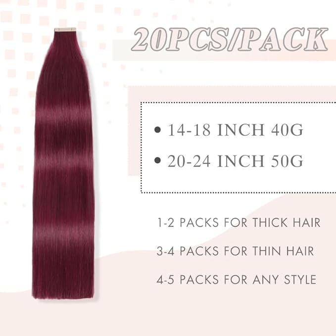 Wine Red 99J 24 Inch Tape in Hair Extensions Human Hair Burgundy Tape in Human Hair Invisible Double Sided Seamless Skin Weft Hair (#A99J,24 Inch)