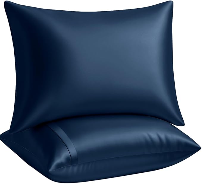 BLISSFORD Satin Pillowcase with Zipper, for Hair and Skin Care, Feels Soft and Cool Like a Silk Pillowcase, Satin Pillow Cases 2 Pack, Slik Pillow Cover, Navy - Standard Size, Set of 2