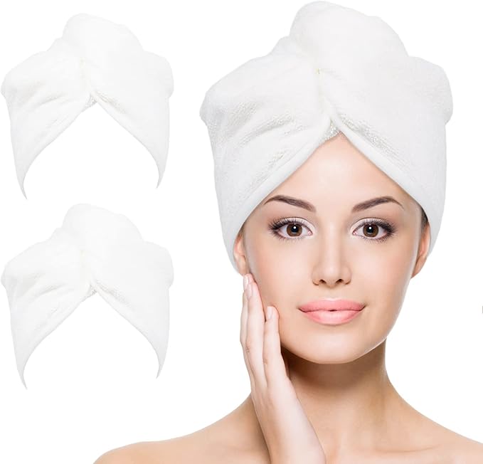 YoulerTex Microfiber Hair Towel Hair Wrap: 2 Pack 10X26 Hair Dryer Towels for Women Absorbent Turban Twist Hair Drying Shower Cap Curly Hair Products for Hair Care Hair Accessories (03 2-Pcs White)