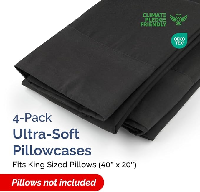 King Pillow Cases - 4 Pack - Super Soft Pillowcase Covers - Envelope Enclosure - Hotel Quality Pillow Protectors - Wrinkle Free, Fade, Shrink & Stain Resistant - Machine Washable - 20" x 40" (Black)