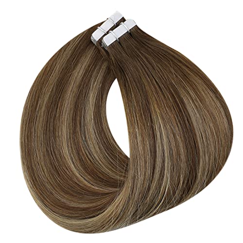 Full Shine Tape in Human Hair Extensions Color 4/24/4 Brown Fading to Blonde and Brown Balayage 20Inch Seamless Invisible Brazilian Tape in Hair Extension for Wedding 20Pcs 50Gram Soft