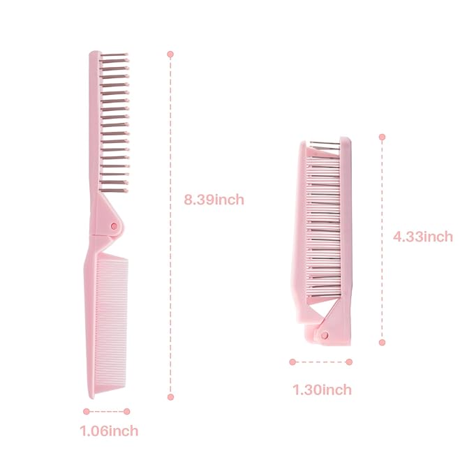 RHOS Portable Travel Mini Hair Brush - Compact Foldable Double-Headed Detangling Comb for Purse, Bags - Pocket-Size for Women and Girls (Pink)