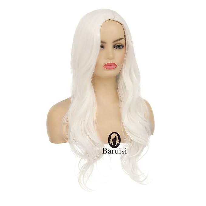 Baruisi Long Curly Wavy White Wigs for Women Side Part Natural Looking Cosplay Synthetic Heat Resistant Replacement Wig