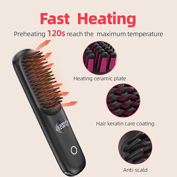 Cordless Hair Straightener Brush: Portable Rechargeable Heated Straightening Comb with LED Display & 3 Temperature Settings - Travel Hair Brush for Smooth Frizz-Free Styling (Black)