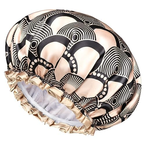 mikimini Medium Shower cap for Women and Girls,Champagne Shower Caps with Lace, Pack of 2,Double Layer Waterproof, Reusable, Washable, High-quality