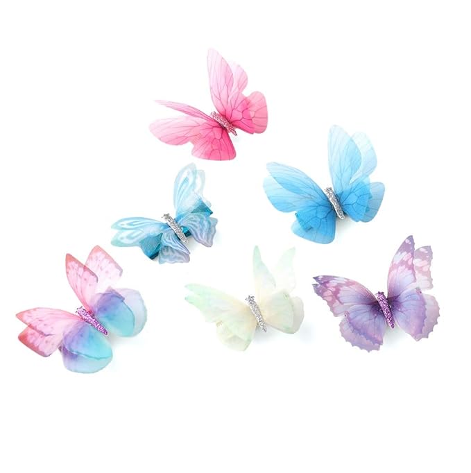 6Pcs/pack 3D Colorful Organza Butterfly Hair Clips - Chiffon Fairy Wings - Ribbon Wrapped Clips 0.4Inch Barrettes Hair Accessories For Women(Multicolor1)