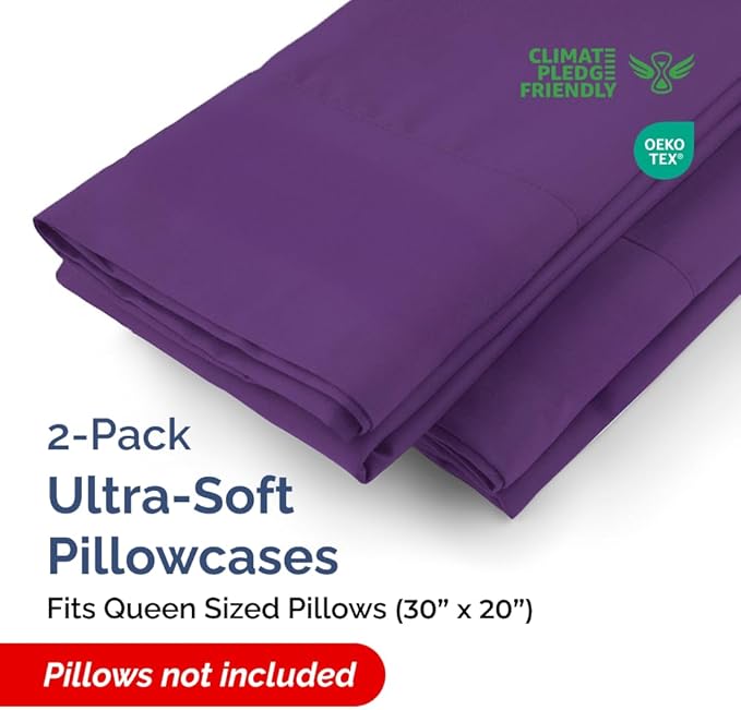 Queen Pillow Cases - 2 Pack - Super Soft Pillowcase Covers - Envelope Enclosure - Hotel Quality Pillow Protectors - Wrinkle Free, Fade, Shrink & Stain Resistant - Machine Washable - 20" x 30" (Purple)