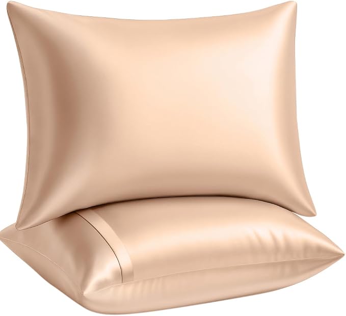 BLISSFORD Satin Pillowcase with Zipper, for Hair and Skin Care, Feels Soft and Cool Like a Silk Pillowcase, Satin Pillow Cases 2 Pack, Slik Pillow Cover, Champagne, King, Set of 2
