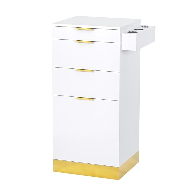 OmySalon Salon Station, Barber Station for Hair Stylist, Storage Cabinet with Stainless Steel Finish & Drawers & Heat Resistant Dryer Holders, Modern Style for Barbershop, White