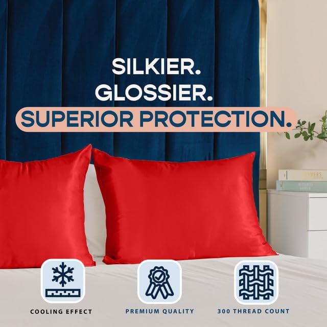 BLISSFORD Satin Pillowcase with Zipper, for Hair and Skin Care, Feels Soft and Cool Like a Silk Pillowcase, Red Satin Pillow Cases Set of 2, Slik Pillow Cover, Queen Size - 2 Pack