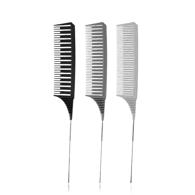 SKYPIA 3 Piece Professional Dyeing Hair Comb Set with Long Stainless Steel Rat Tail Combs for Hair Stylists, Weaving Styling Brush Set (Black & Grey)