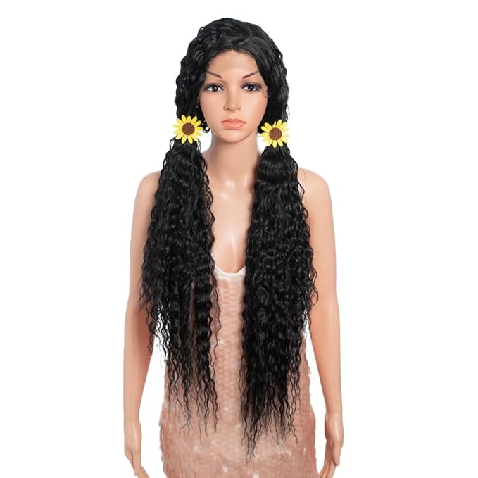 Style Icon 36”Super Long Curly Wig C-Shaped Side Part Lace Wig Afro Baby Hair Synthetic Black Wigs(36 inches, 1B)
