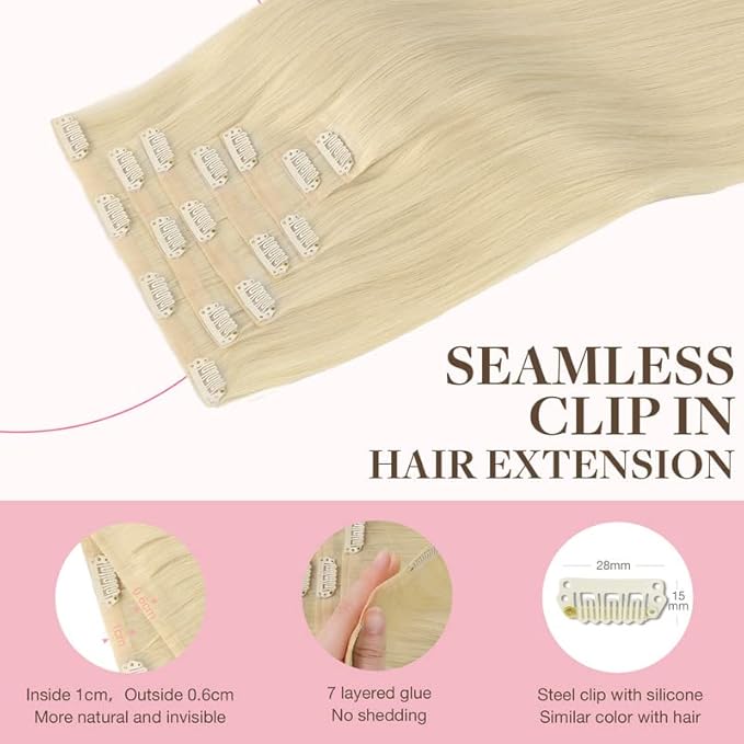 GOO GOO Clip in Hair Extensions Real Human Hair, Remy Human Hair Extensions Clip ins for Women, Natural Human Hair, 22inch 110g 7Pcs, 60A Platinum Blonde