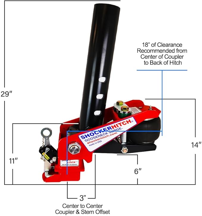Shocker 30K Gooseneck Surge Air Hitch & Shift Lock Coupler for 2-5/16" Ball, 3.5" Square Blank No Pin