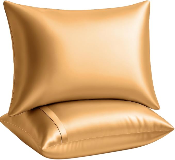 BLISSFORD Satin Pillowcase with Zipper, for Hair and Skin Care, Feels Soft and Cool Like a Silk Pillowcase, Gold Satin Pillow Cases 2 Pack, Slik Pillow Cover, Queen Size - Set of 2