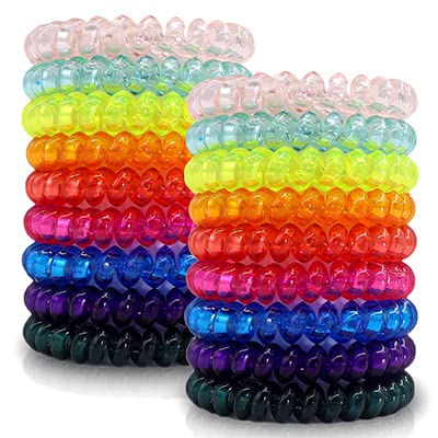 79STYLE 50pcs Spiral Hair Ties For Women Phone Cord Ponytail Holders Colorful Hair Coils Plastic Scrunchies Bulk Hair Ties Coil Hair Bands Bracelets For Grils (Crystal10 Colors -Large Size)