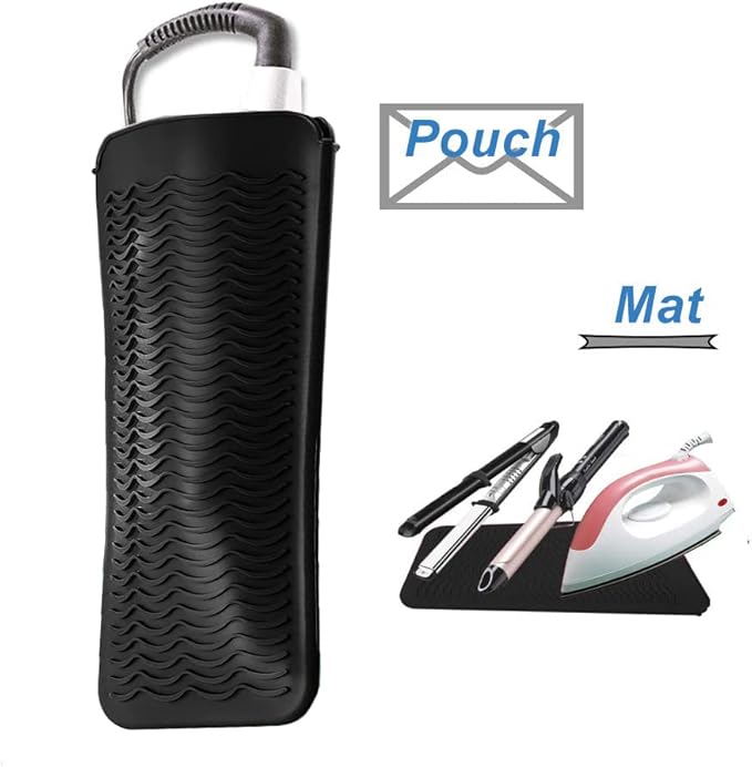 Heat Resistant Silicone Mat Pouch,Hair Styling Tools for Curling Irons, Flat Irons, Hair Straightener, 11.5 * 6 Inches, Food Grade Silicone, Black