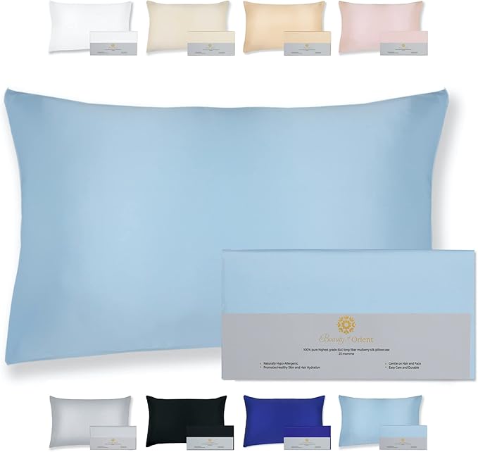 25 Momme Premium Mulberry Silk Pillowcase for Hair and Skin | Handcrafted Hypoallergenic & Anti-Acne Silk Pillow Cases with Zipper | King - 20" x 36", Frosty Blue