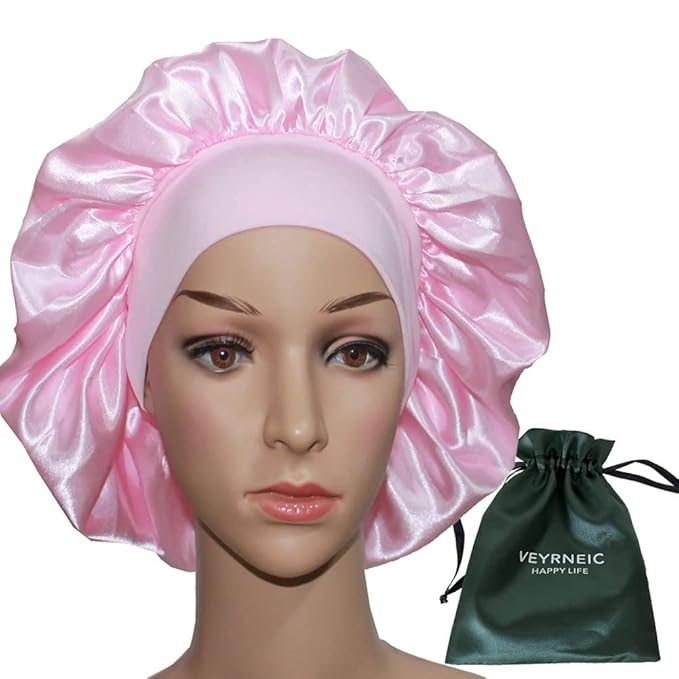 VEYRNEIC Hair Satin Bonnet for Sleeping Shower Caps Silk Chemo Caps with Wide Elastic Band Night Sleep Cap Bonnets for Black Women Braids with Satin Storage Bag (Pink)