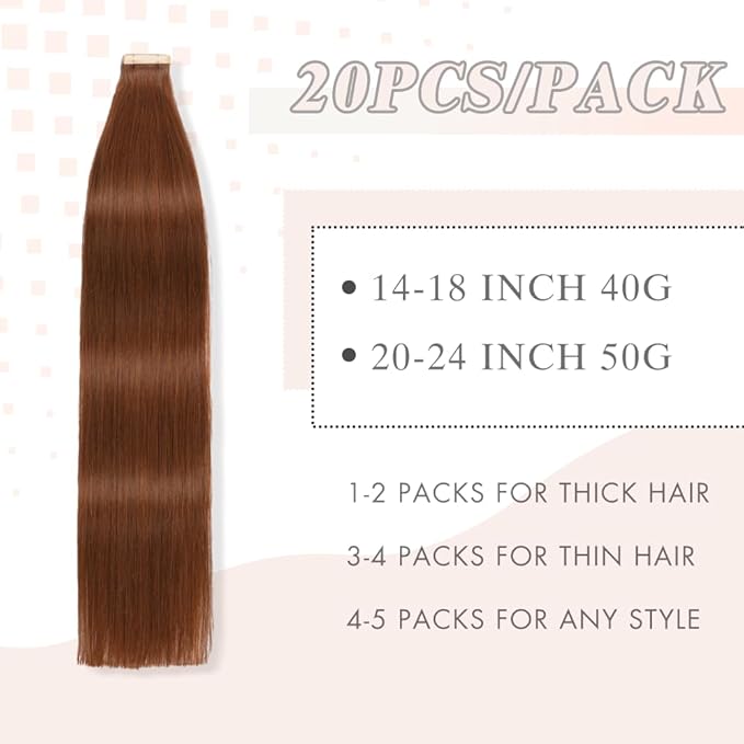 Tape in Hair Extensions Human Hair 20pcs 18Inch Dark Auburn Straight Remy Human Hair for Women Seamless Remy Tape in Hair Extensions(33#, 18 Inch)