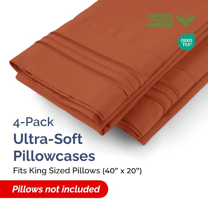 King Pillow Cases Set of 4 - Ultra Soft Hotel Quality Pillowcase Covers - Comfy, Cozy & Wrinkle Free - Shrinkage, Stain & Fade Resistant - Machine Washable Pillow Protectors - 4 Piece Set - Terracotta