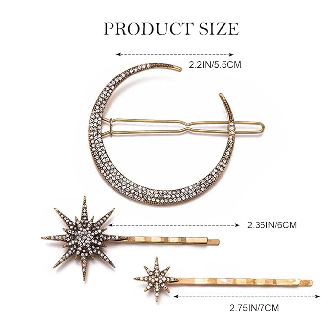BARTOSI Moon Star Hair Clips Sparkly Rhinestone Hair Pins Vintage Bobby Pins Celestial Hair Accessories for Women and Girls (Pack of 3) (Bronze)