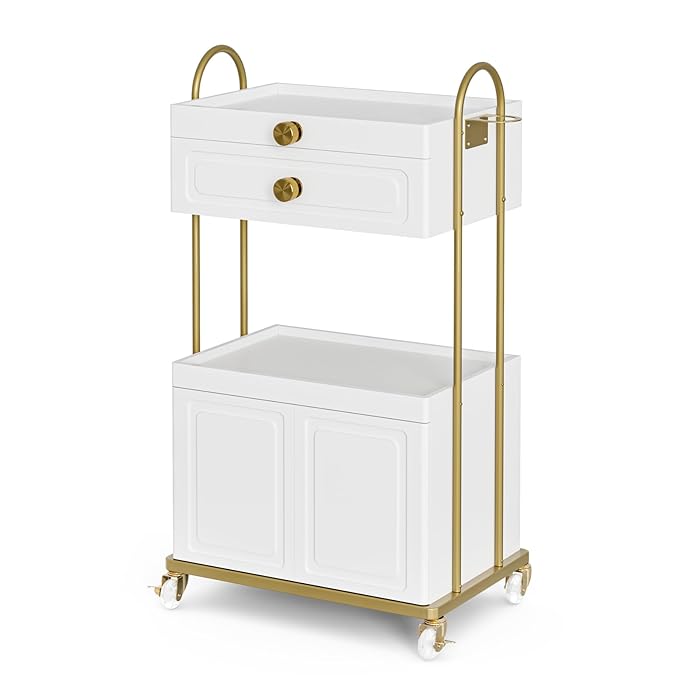 Salon Trolley Cart with Lockable Wheels, Salon Station Cabinet with Drawer & Cabinet for Hair Stylist Makeup Tool Organizer for Beauty Spa Barbershop (White&Gold)