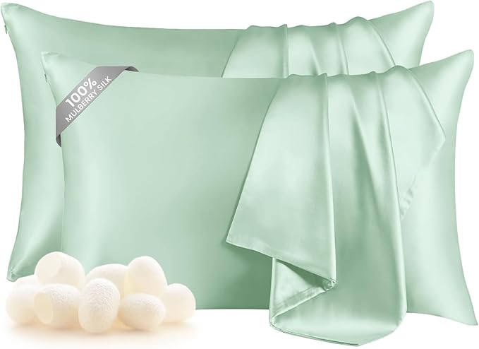 THXSILK Set of 2 100% Mulberry Silk Pillowcase for Hair and Skin, Grade 6A+ Mulberry Silk Pillow Cases Ultra-Soft, Hypoallergenic Pillow Case Cover with Zipper (Queen 20"x30", Turquoise Green)