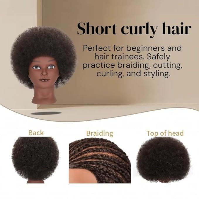 100% Real Hair Mannequin Head Training Head Manikin Cosmetology Doll Head for Hairdresser Practice Braiding Hair Styling with Clamp stand 8inch