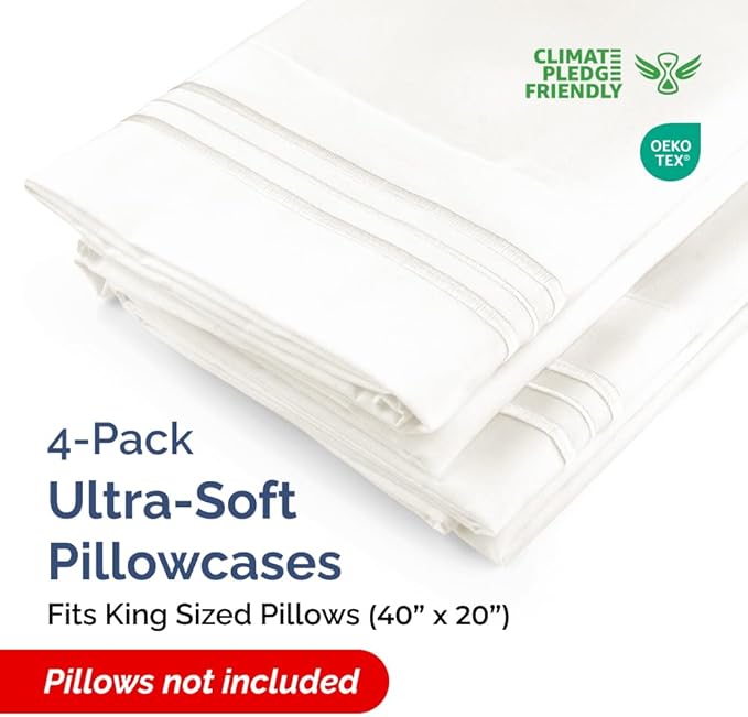 King Pillow Cases Set of 4 - Ultra Soft Hotel Quality Pillowcase Covers - Comfy, Cozy & Wrinkle Free - Shrinkage and Fade Resistant - Machine Washable Pillow Protectors - 4 Piece Set - Antique White