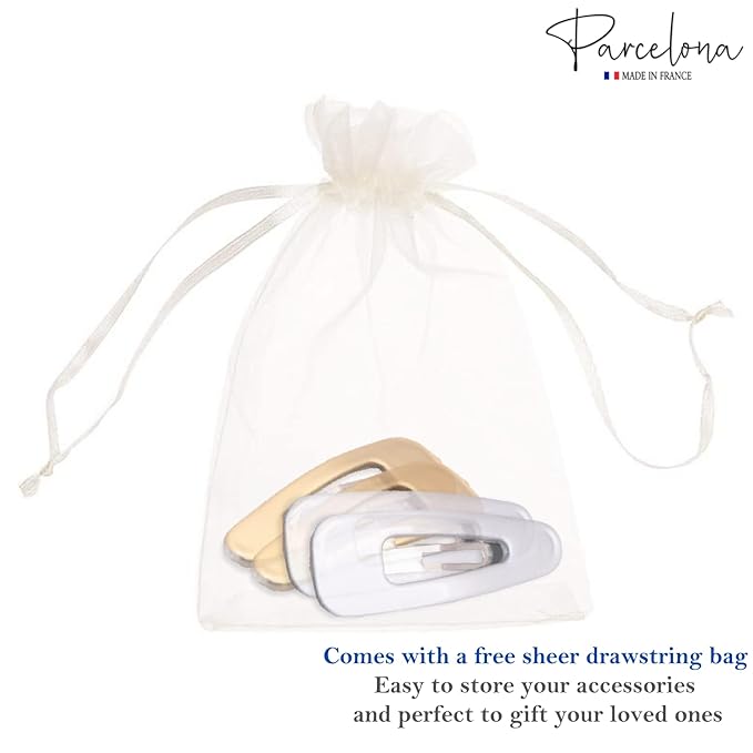 Parcelona French Mini Set of 4 Small Celluloid Acetate Snap Hair Clips No Slip Fashion Durable Styling Women Hair Accessories Girls Snap Hair Barrette, Made in France (Golden-Silver)