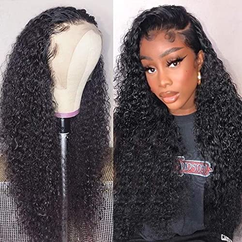 CYNOSURE HD Lace Frontal Wigs Human Hair Pre Plucked 180% Density 13x4 Kinky Curly Lace Frontal Human Hair Wigs for Black Women Glueless 26inch Long Curly Wig Natural Black Color