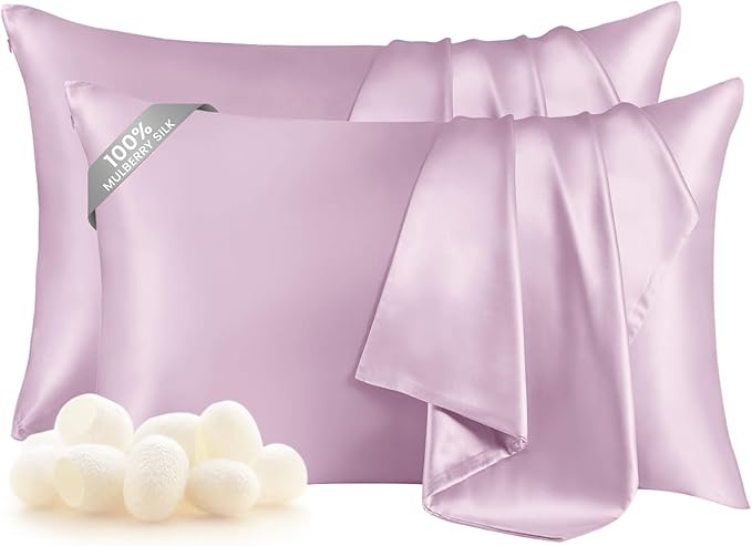 THXSILK Set of 2 Silk Pillowcase for Hair and Skin, 100% Mulberry Silk Bed Pillowcase Ultra-Soft, Hypoallergenic Soft Breathable Silk Pillow Case with Hidden Zipper, King Size 20"x36", Light Purple