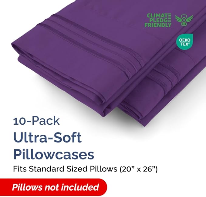 Standard Pillow Cases Set of 10 - Ultra Soft Hotel Quality Pillowcase Covers - Comfy, Cozy & Wrinkle Free - Shrink, Stain and Fade Resistant - Machine Washable Pillow Protectors - 10 Pcs Set - Purple