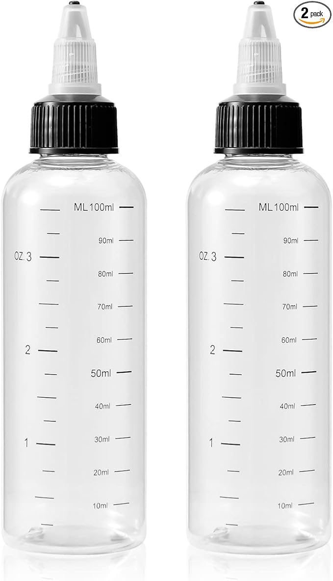 driew Applicator Bottles for Hair, 16.9oz Hair Squeeze Bottle for liquids Twist-On Top Tip Cap with Ratio Graduated Scale Color Applicator Bottle Dye Pack of 2 (3.4oz)