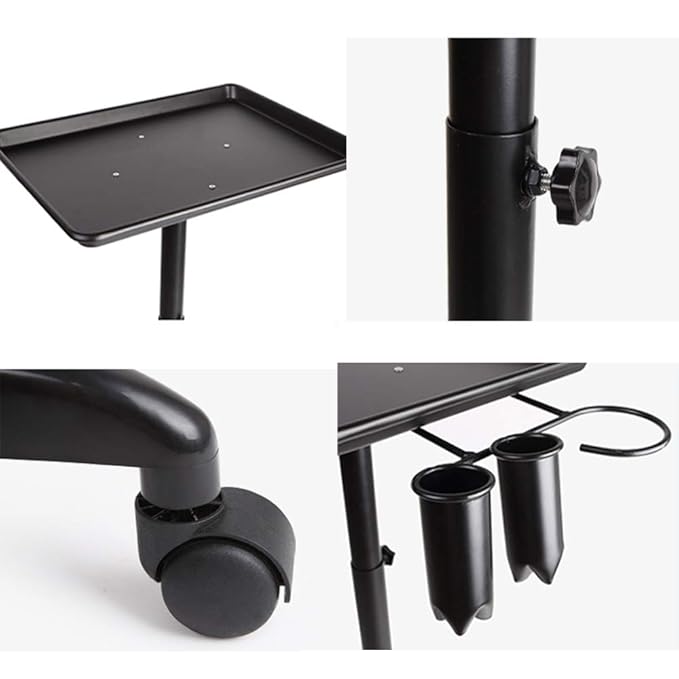 Aluminium Salon Instrument Tray, Height Adjustable Trolley Cart Tray Station on Wheels for Salon Tattoo Spa Beauty Service Holder Tool Storage (Black, With Accessory Caddy)