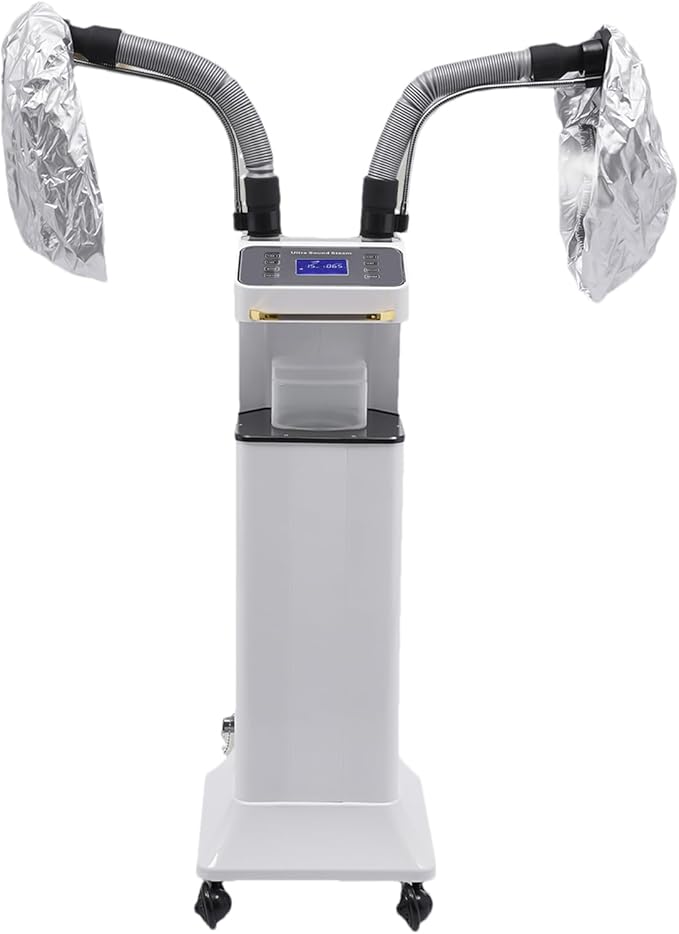 Freestanding Multifunctional Nano Hair Steamer Micro Mist Ozone Oil Treatment Dyeing Machine with 2 Steam Caps Hooded Hair Care Processor 2 Telescopic Tubes Time/Temp Control for Salon Barber Shop SPA