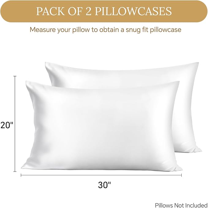 INFIIXSO Mulberry Silk Pillowcase 2 Count, Silk Pillow Cases Queen Size Set with Hidden Zipper 20x30 Inches, Ultra Smooth and Soft Cooling Pillow Cases for Hot Sleepers (White, 2 Count)