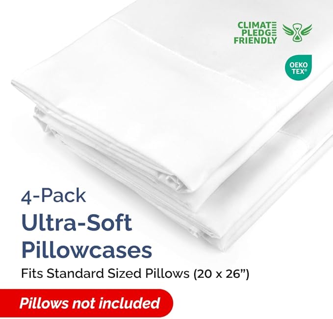 Standard Pillow Cases - 4 Pack - Super Soft Pillowcase Covers - Envelope Enclosure - Hotel Quality Pillow Protectors - Wrinkle Free, Shrink and Stain Resistant - Machine Washable - 20" x 26" (White)