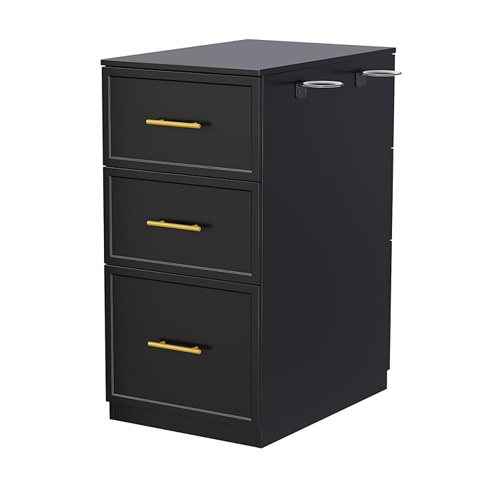 OmySalon Salon Stations for Hair Stylist, Double-Sided Barber Station with 6 Drawers & 2 Dryer Holders, Modern Hair Styling Cabinet for Beauty Salon Barbershop, Black