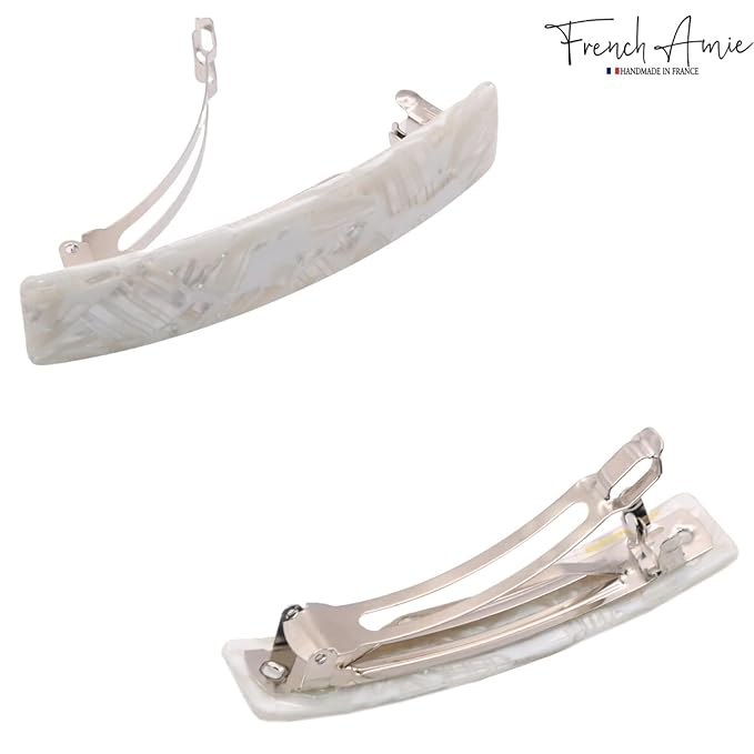 French Amie Oblong 3.5" Celluloid Handmade No Slip Hair Clip Barrette for Women, Made in France (Frost White)
