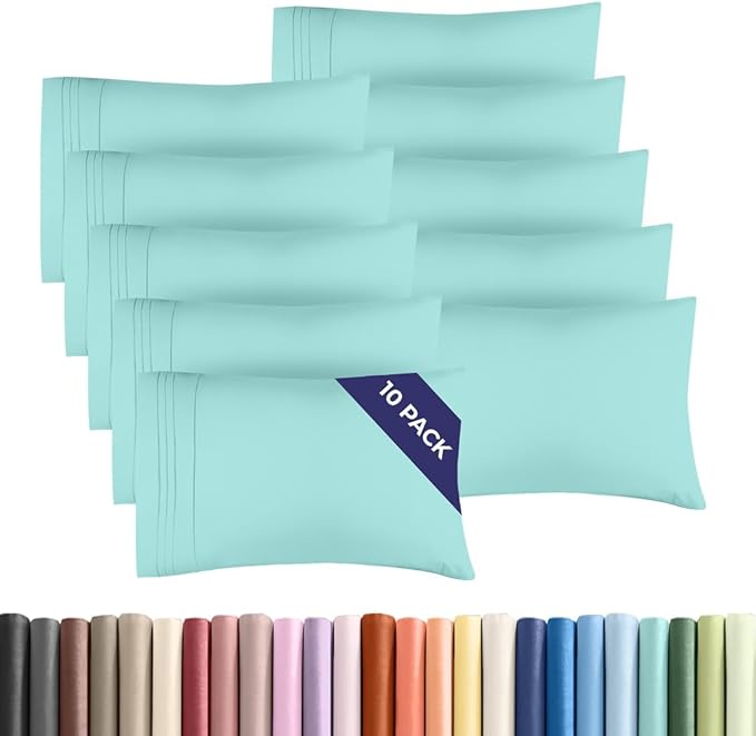 Standard Pillow Cases Set of 10 - Ultra Soft Hotel Quality Pillowcase Covers - Comfy, Cozy & Wrinkle Free - Shrink, Stain & Fade Resistant - Machine Washable Pillow Protectors - 10 Pcs Set - Spa Blue