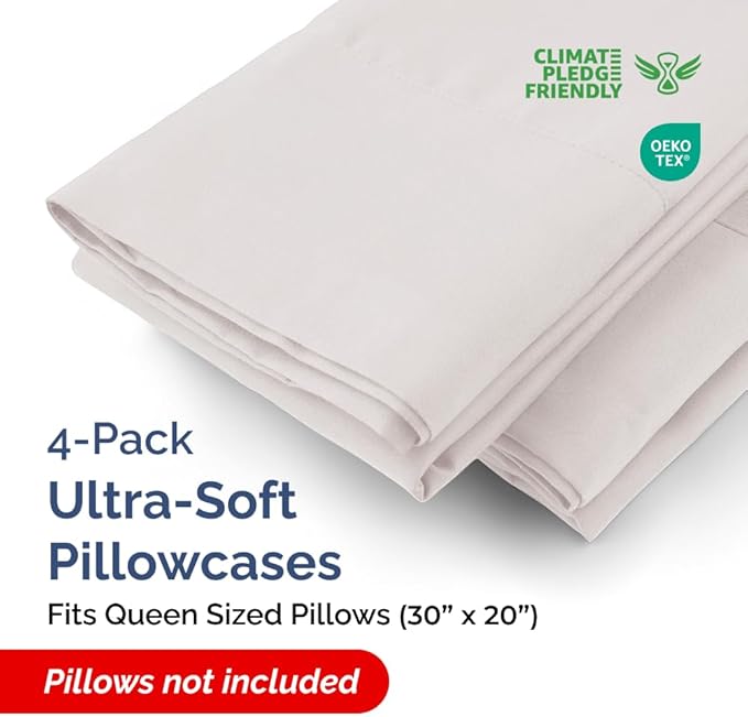Queen Pillow Cases - 4 Pack - Super Soft Pillowcase Covers - Envelope Enclosure - Hotel Quality Pillow Protectors - Wrinkle Free, Shrink & Stain Resistant - Machine Washable - 20" x 30" (Light Grey)