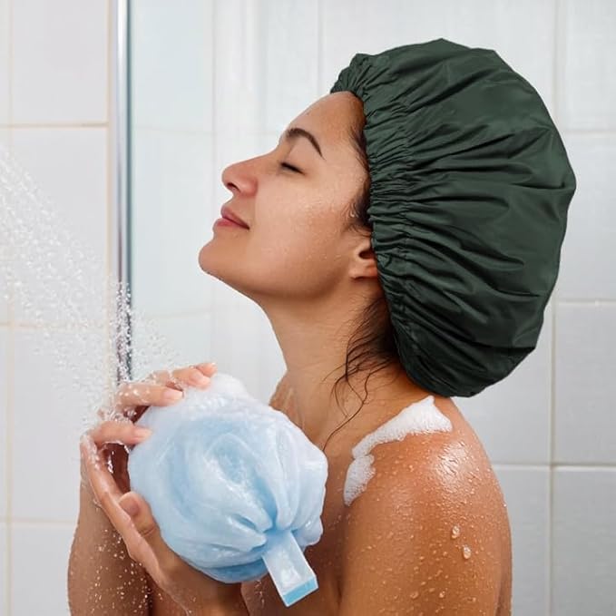 Reusable Shower Cap for Women, Large Waterproof Shower Essentials Bonnet Washable Elastic Band Bath Hair Wrap Hat for Long Hair, Braids(Dark Green)