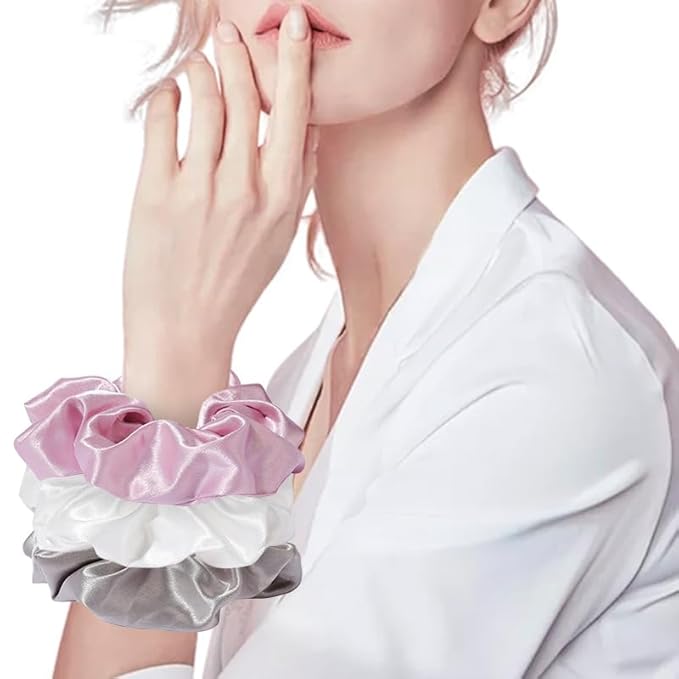 4PCS Big Satin Silk Scrunchies for Women Thick Hair, 6.3Inches Extra Large Scrunchy Oversized Thick Elastic Hair Ties Bands Ponytail Holders Jumbo Scrunchies (Black White Pink Silvergray)