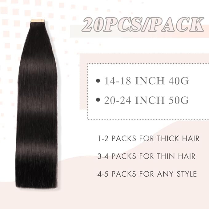 Tape in Hair Extensions Real Human Hair 16 Inch Jet Black Double Sided Tape for Skin Weft Hair Extension Invisible Tape in Hair Extensions Straight Remy Human Hair for Women(1#,16 Inch)